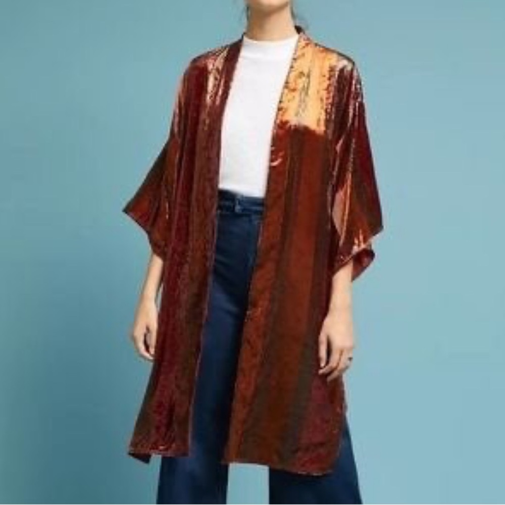 Anthropologie ett:twa Longline Velvet Kimono Jacket Brown Copper Sz XS/S
